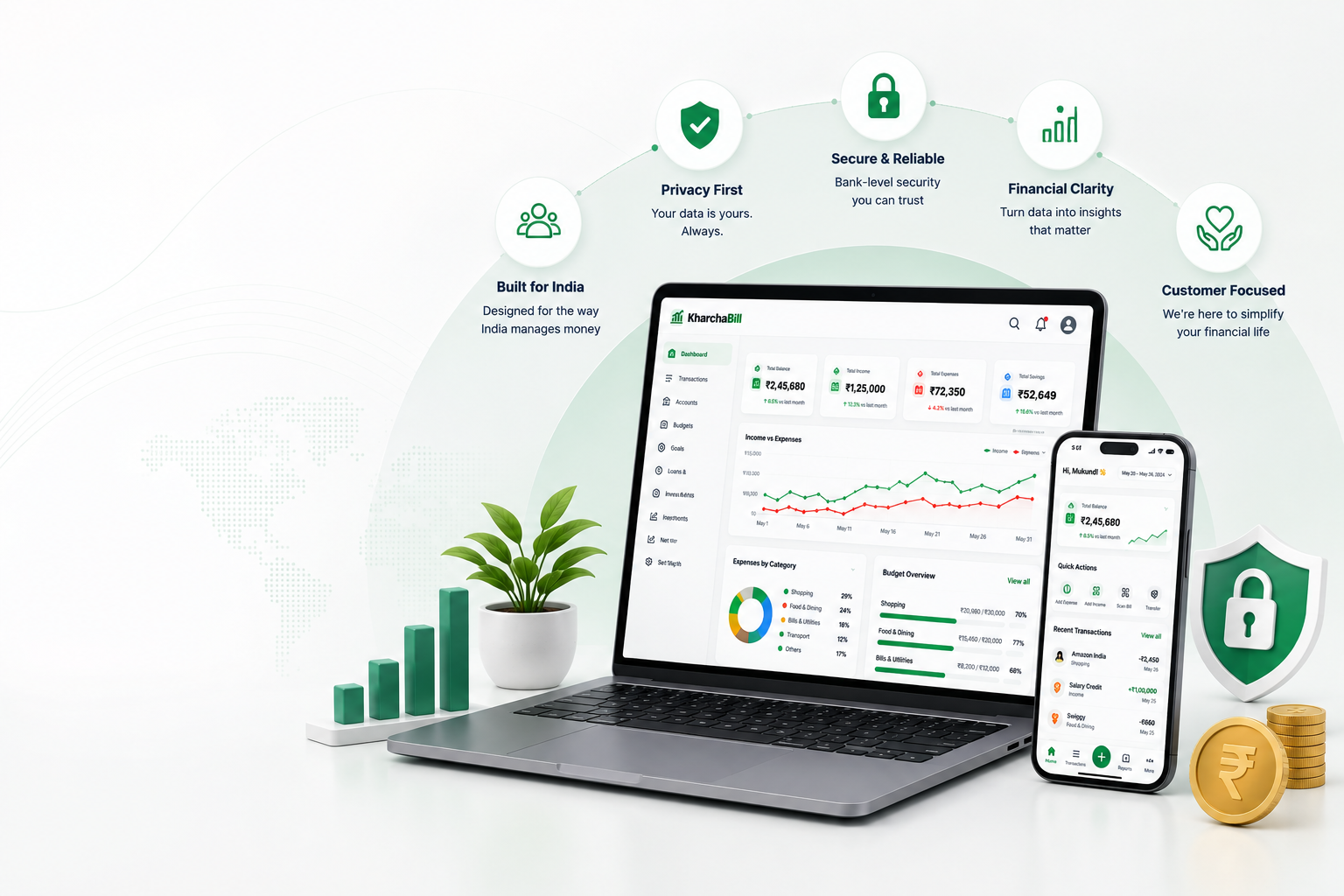 KharchaBill finance dashboard on laptop and mobile