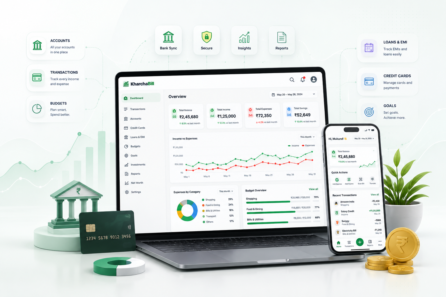 KharchaBill financial dashboard displayed on laptop and mobile