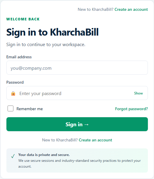 KharchaBill की वास्तविक साइन इन स्क्रीन — English